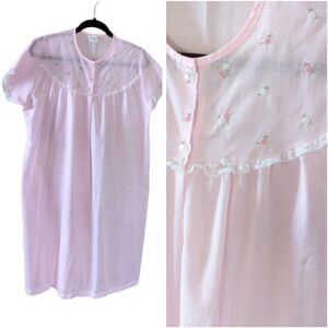 Vintage Nightgown Pink Floral Embroidered Short Sleeve Muumuu Semi Sheer Dress